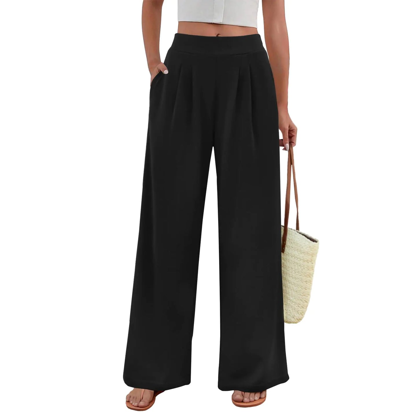 FireSwan Womens Wide Leg Palazzo Pants High Elastic Waist Casual Work Pants Flowy Dress Trousers with Pockets Black